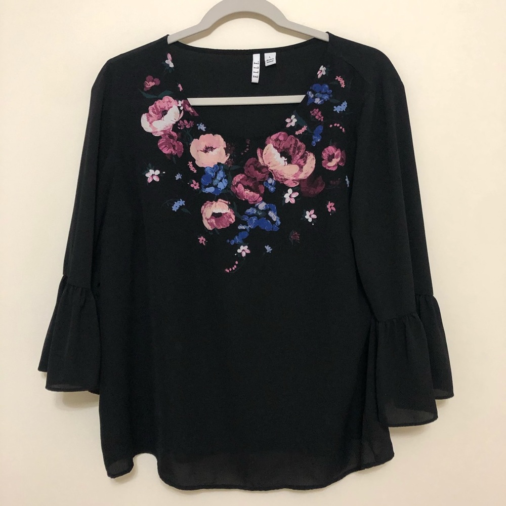 Long sleeve black shirt with watercolor flowers